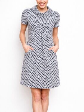 Tyler Boe Kristin Woven Chain Link Blue White Roll Neck Shift Dress Preppy Sz M